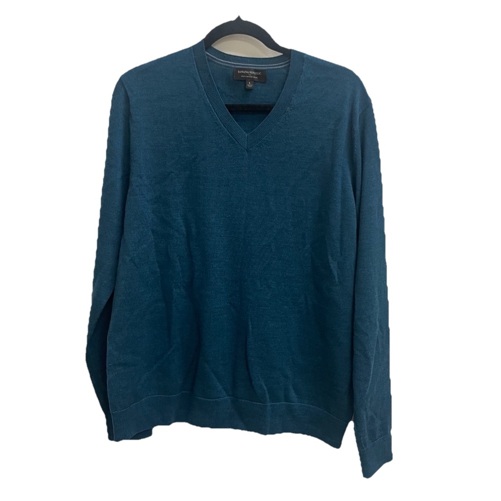 Banana Republic Men's 100% Merino Wool Teal Blue V-Neck Sweater Large Luxury